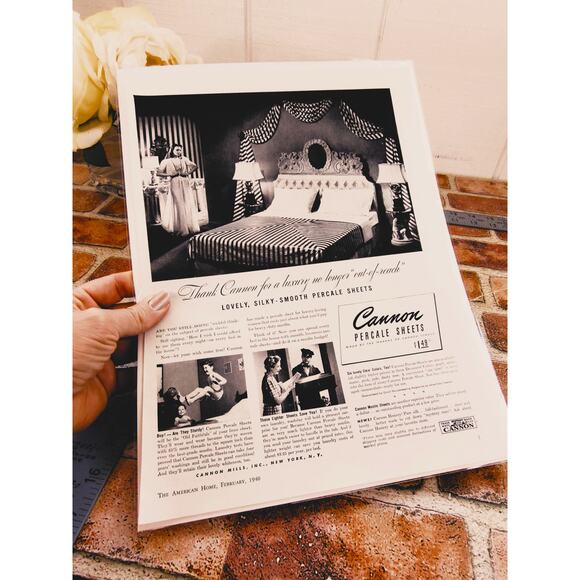 1940 Vintage Cannon Percale Sheets Print Ad Elegant Black & White Bedroom Decor - Picture 2 of 10